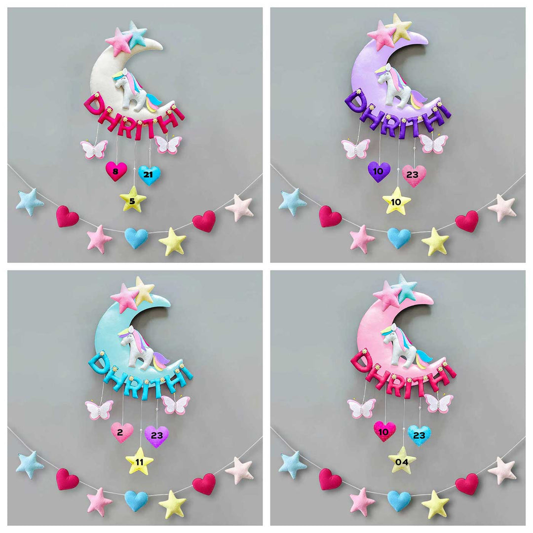 Hand-stitched Unicorn Themed Felt Moon Nameplate with Birthdate