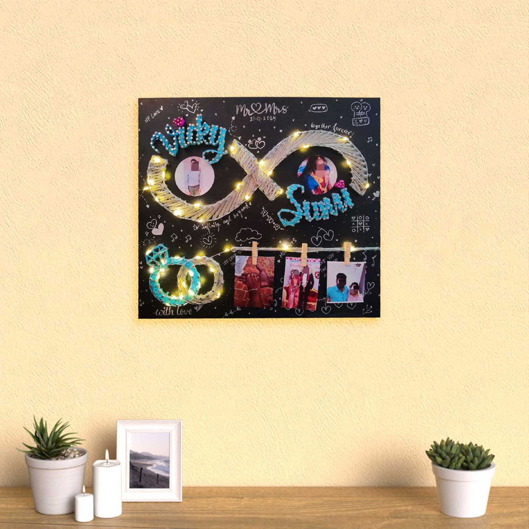 Photo Personalized String Art Couples Mdf Wood Name Plate With Lights - Mounted on Wall with Photo Clips