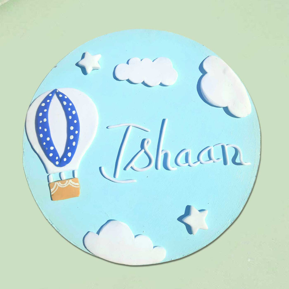 Personalized Blue Sky Theme Deco Clay Kids Name Plate - Name Personalization Example Front View