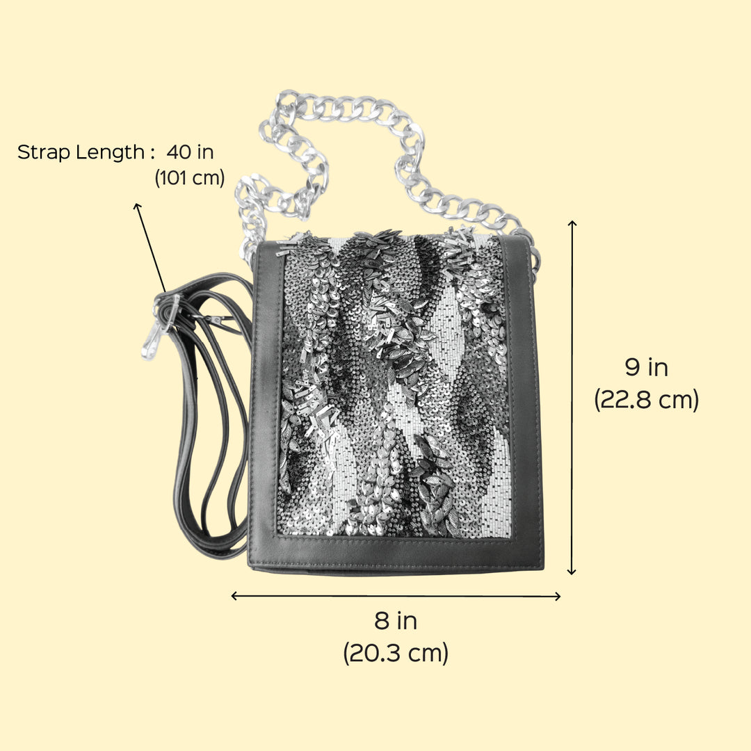 Shimmering Sequins Brown Leather Sling Bag