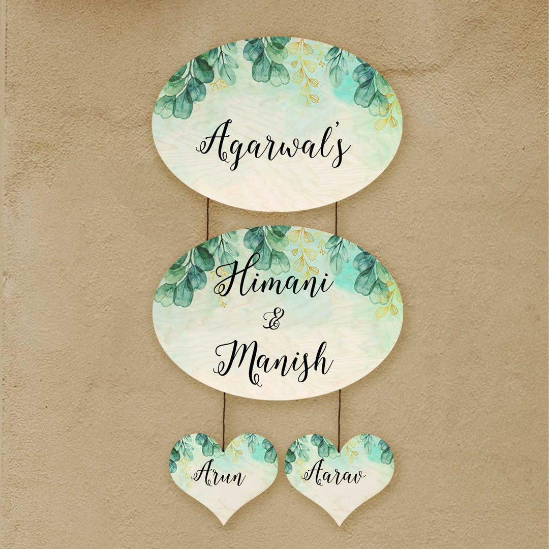 Printed Green Spring Floral Wooden Oval Nameplate - Hanging Door Sign Front View
