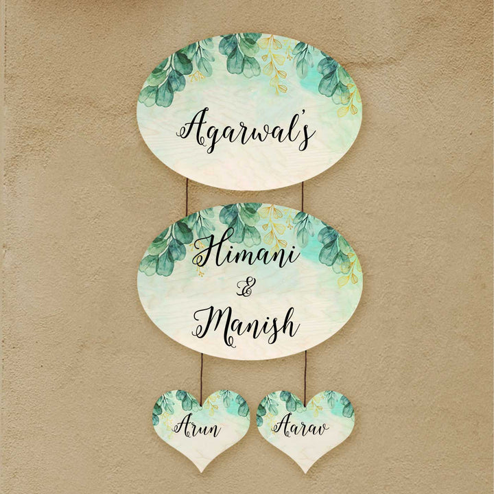 Printed Green Spring Floral Wooden Oval Nameplate - Hanging Door Sign Front View