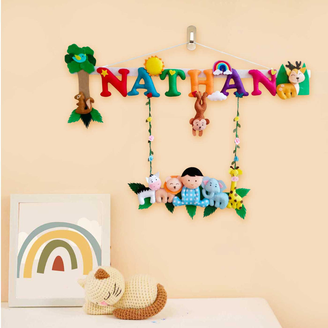 Personalized Boys Jungle Theme Felt Kids Name Plate - Mounted on Wall with Name Display