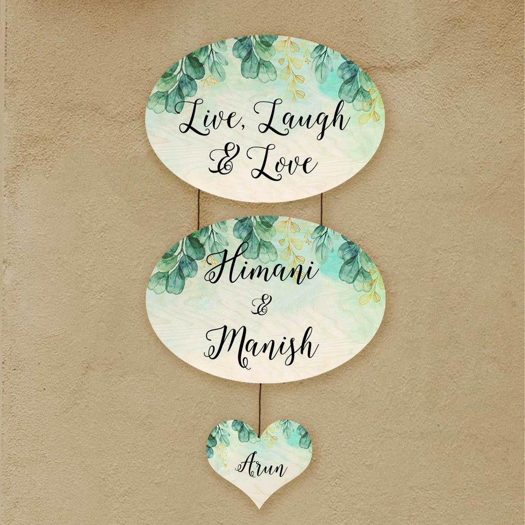 Printed Green Spring Floral Wooden Oval Nameplate - Hanging Wall Decoration Front View
