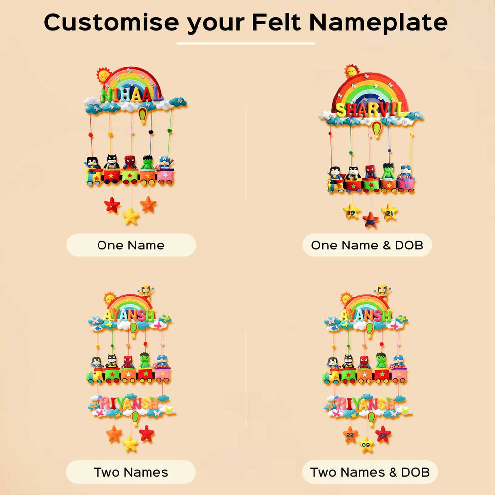 Personalized Rainbow Super Hero Theme Felt Kids Name Plate - Name Personalization Examples Grid