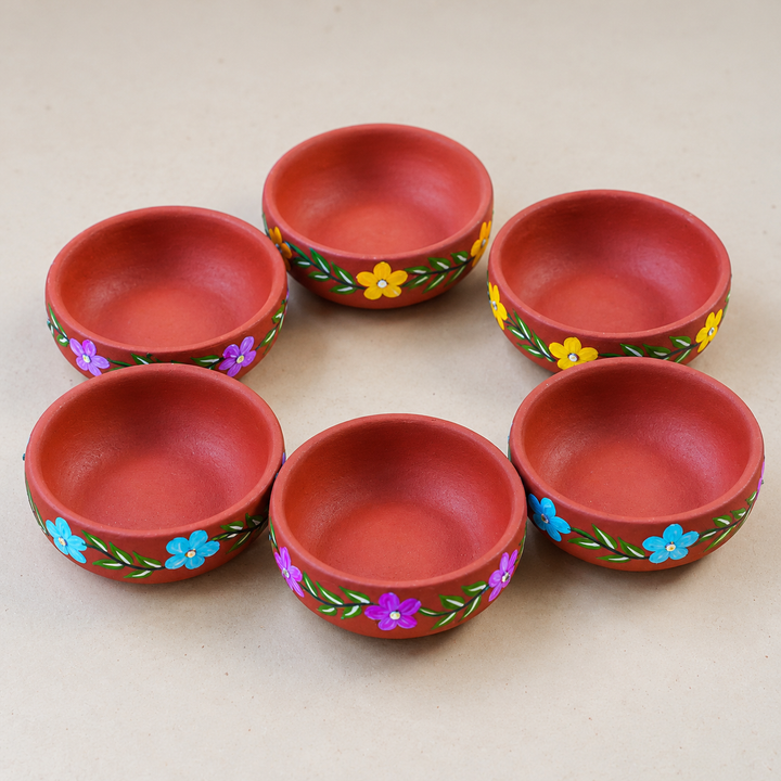 16 Pc | Hand-Painted Phoolwari Floral Vine Terracotta Tealight Holders With Tealights For Festive Decor