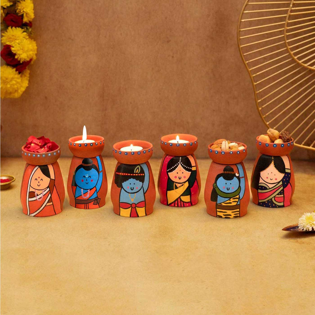Handpainted Terracotta Tealight Holders with Arted Divine Characters | Set of 6