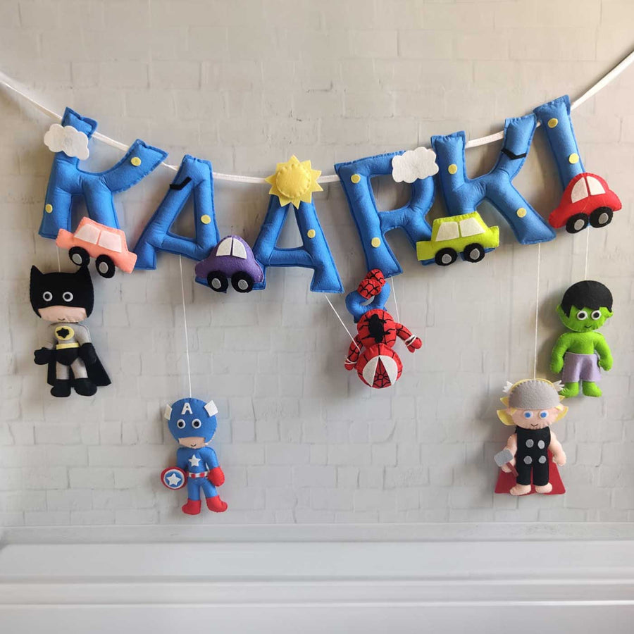 Personalized Handmade Superhero Theme Felt Kids Bunting - Hanging Name Decoration with Toys