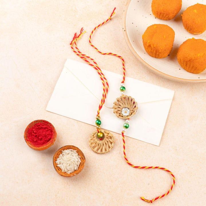 Ecofriendly Bamboo Rakhis For Bhaiya Bhabhi With Roli Chawal 3 - Decorative items with plate and powders