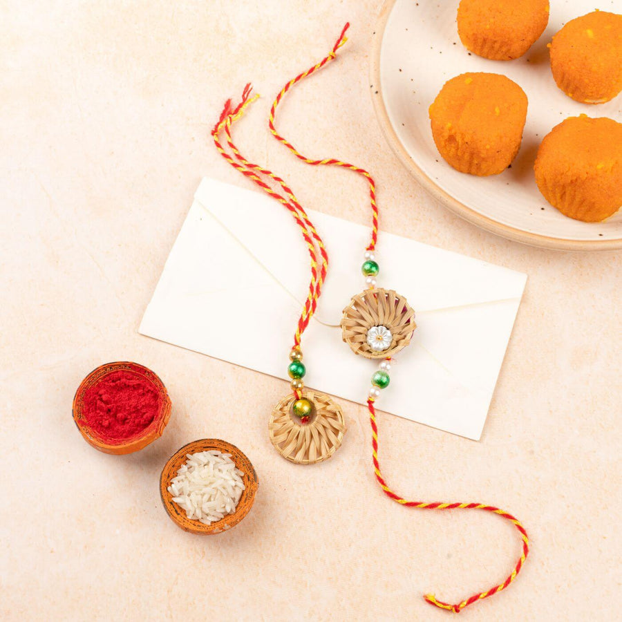 Ecofriendly Bamboo Rakhis For Bhaiya Bhabhi With Roli Chawal 3 - Decorative items with plate and powders