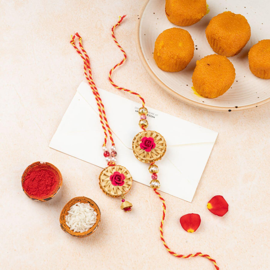 Ecofriendly Bamboo Rakhis For Bhaiya Bhabhi With Roli Chawal 1 - Styled Flat Lay with Festive Items