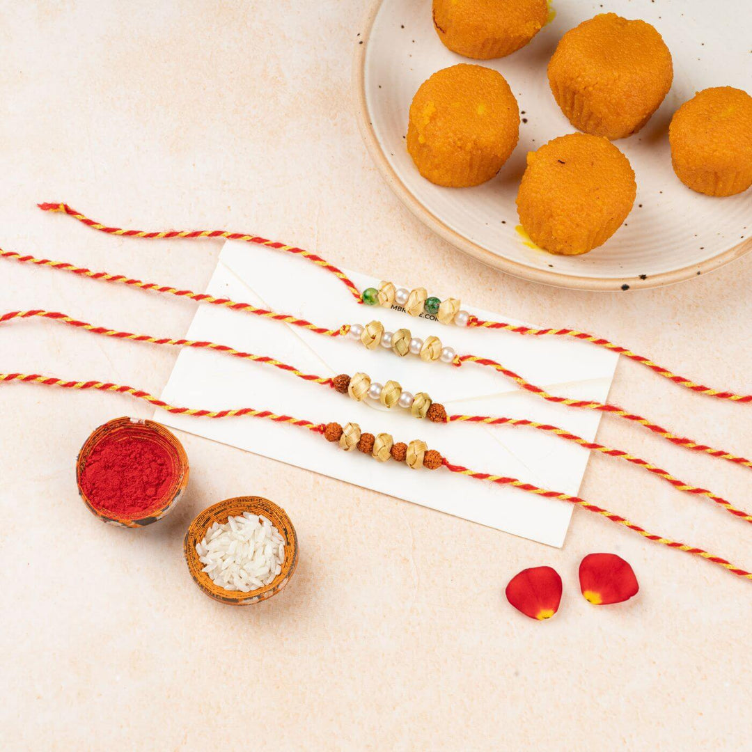 Ecofriendly Bamboo Rakhi With Roli Chawal 3 - Set of Rakhis with traditional items