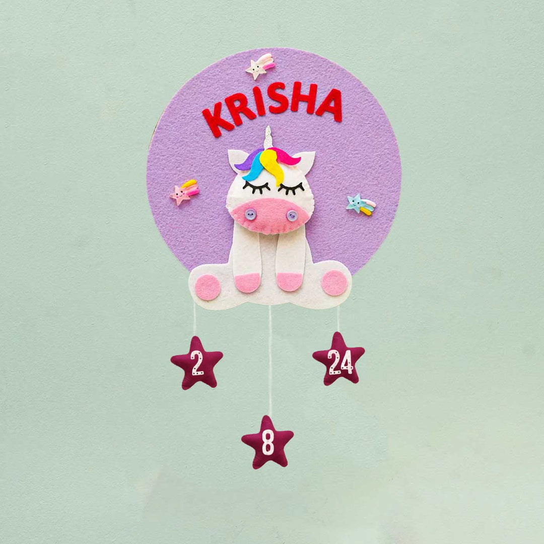Personalized Handmade Unicorn Theme Felt Hoop Name Plate - Name Personalization Example Front View