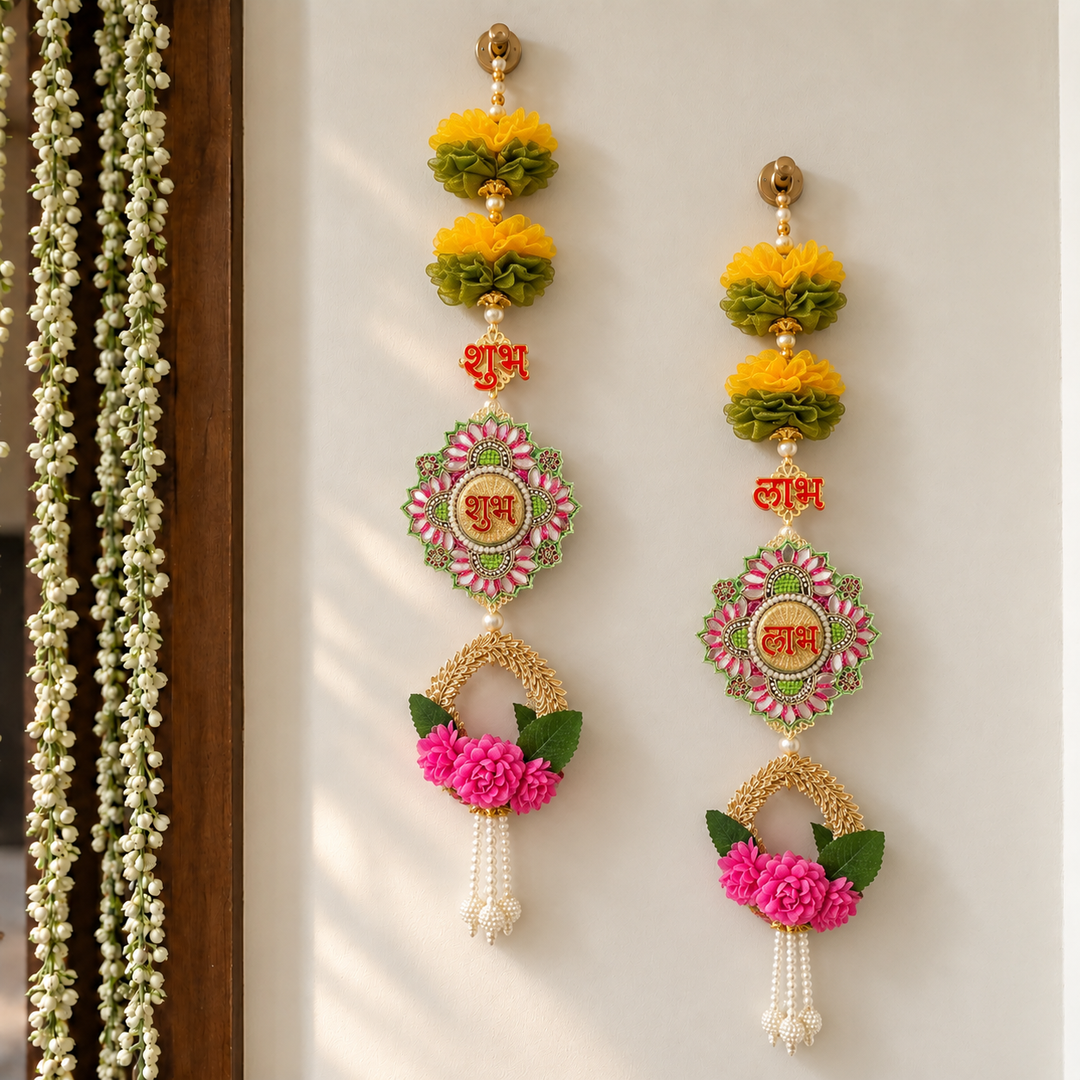 Handmade Pink Tissue Flower Shubh Labh Hanging
