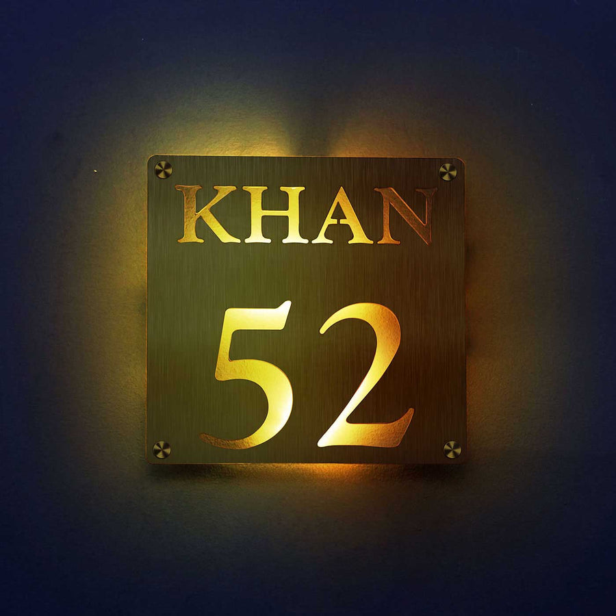 Personalized Weatherproof Square Laser Cut Stainless Steel Name Plate - Front View Illuminated Wall Sign