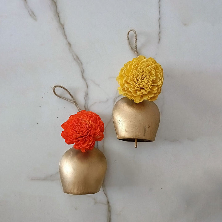 2 Pc | Shola Wood Marigold Flower Festive Bell Hanging