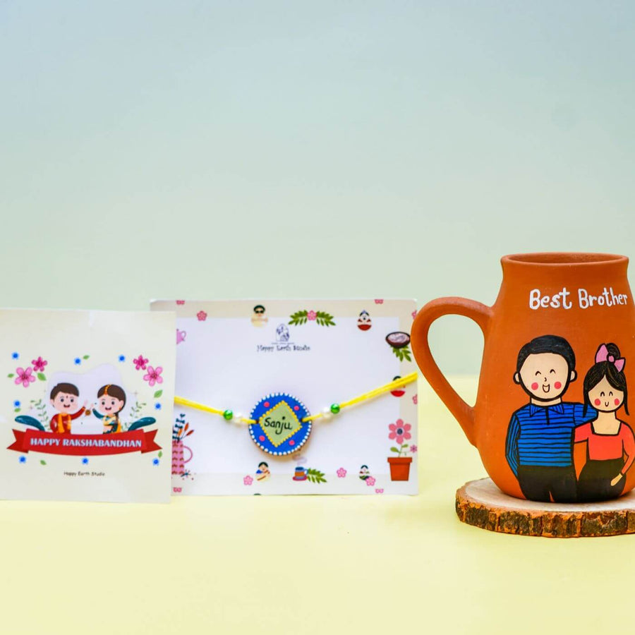 Personalized Best Brother Terracotta Mug And Rakhi Set - Product with Greeting Card Display