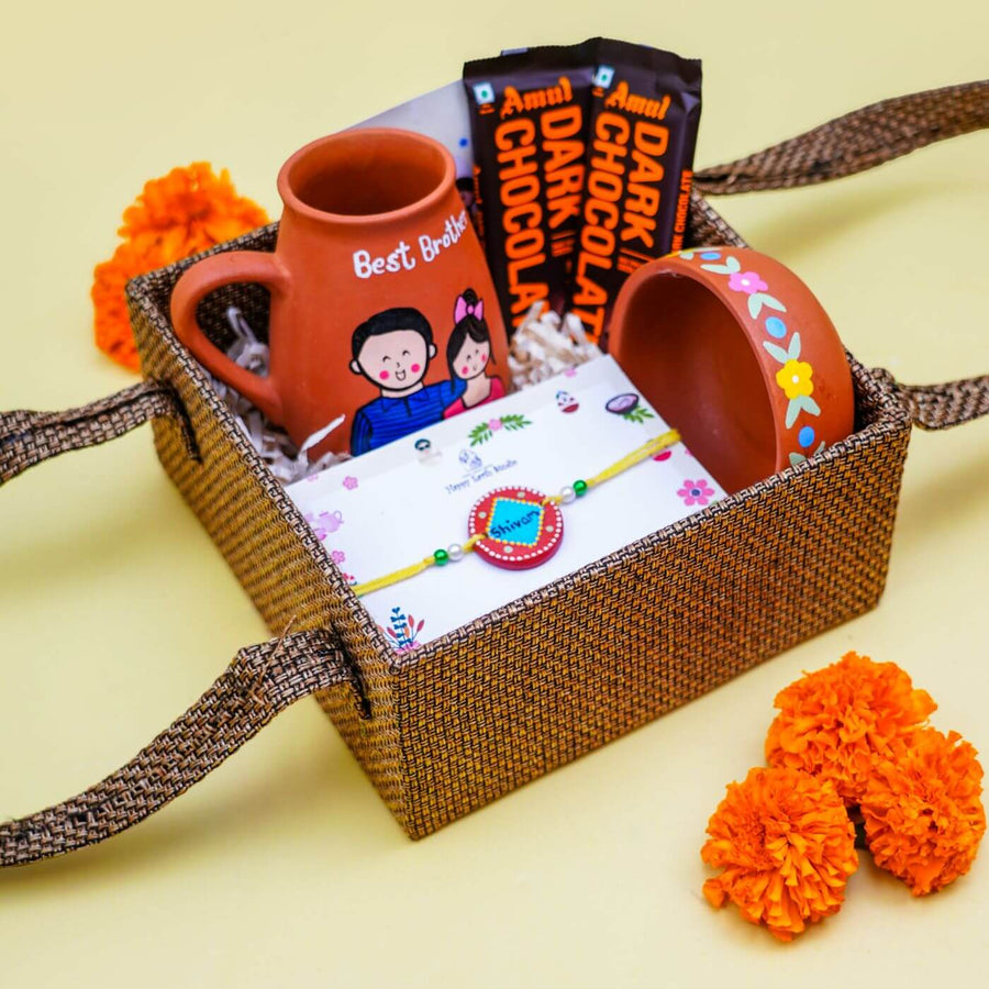 Personalized Terracotta Rakhi Hamper With Caricature 3 - Gift Basket Overview