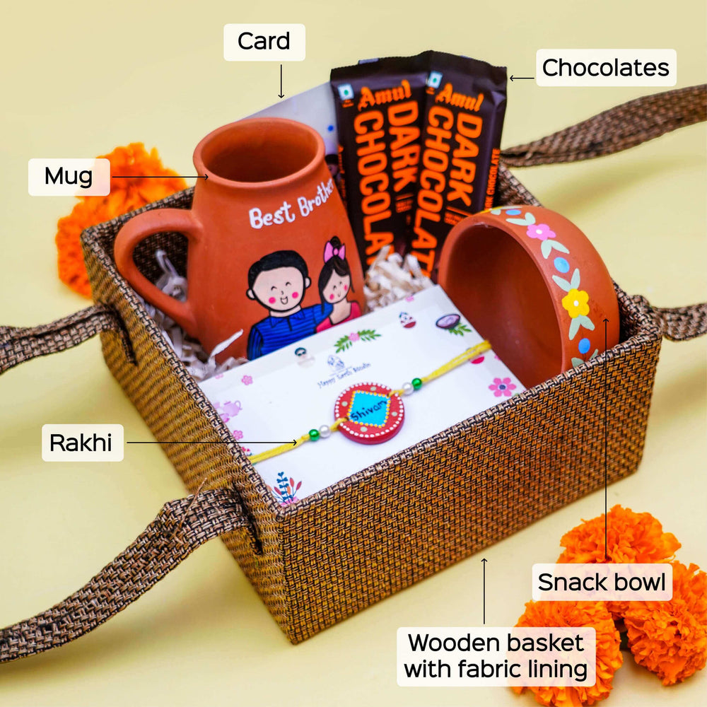 Personalized Terracotta Rakhi Hamper With Caricature 3 - Annotated Basket Contents