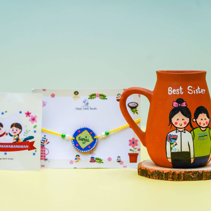 Personalized Best Sister Terracotta Mug And Rakhi Set - Mixed Product Display