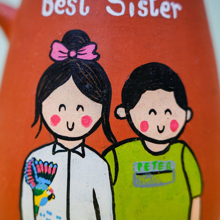 Personalized Best Sister Terracotta Mug And Rakhi Set - Mug Handpainted Illustration Close-up
