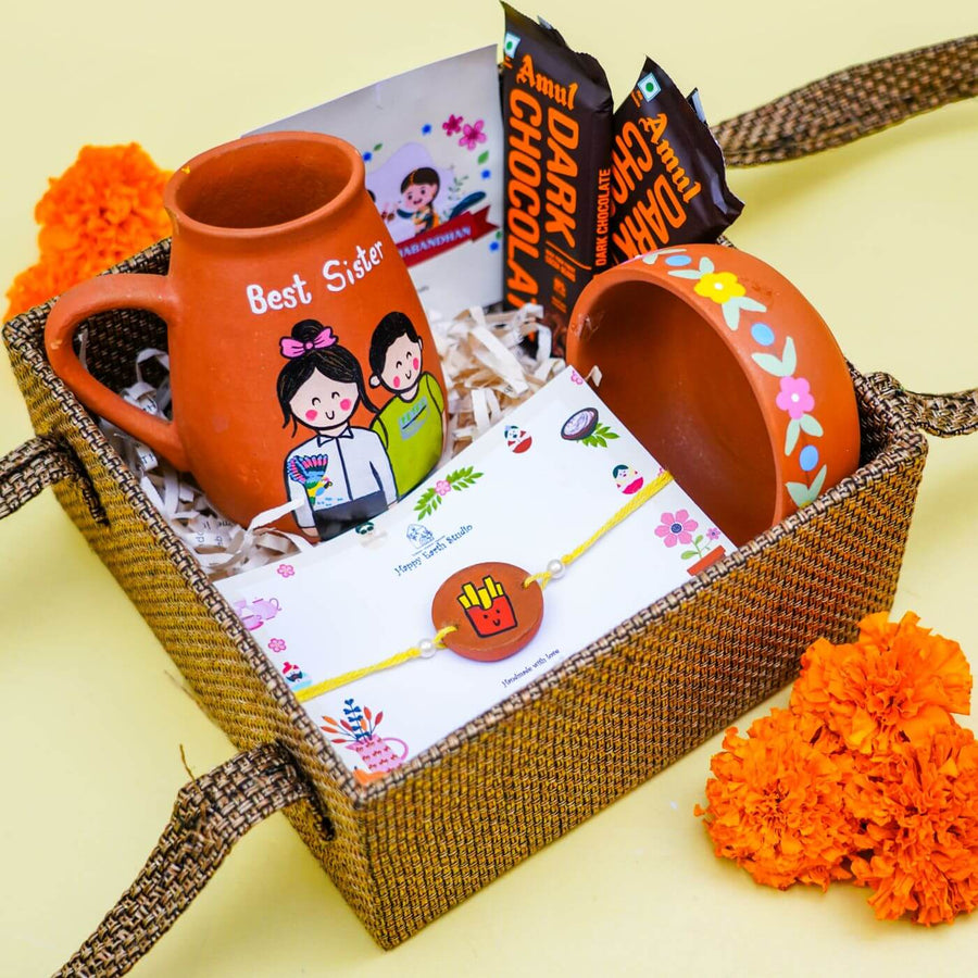 Personalized Terracotta Rakhi Hamper With Caricature 4 - Gift Basket Overview