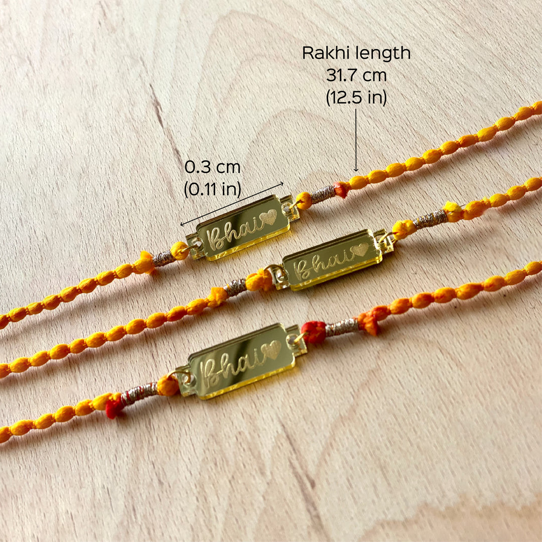 Handcrafted Golden Acrylic Rakhi With Roli Chawal 1 - Close-up with Dimensions