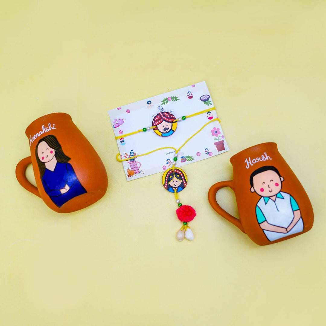 Personalized Terracotta Mug Rakhi Set With Caricature - Flat Lay with Both Mugs and Rakhi