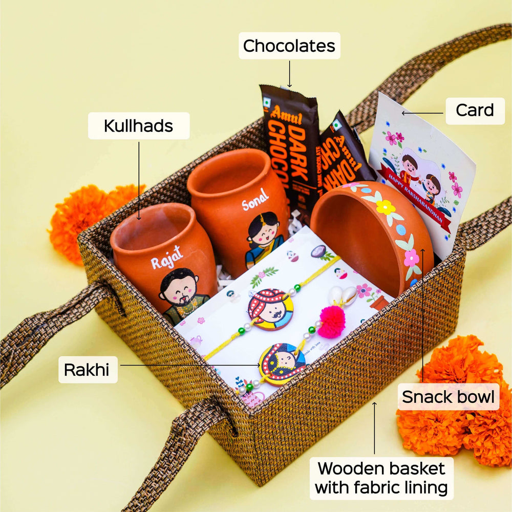 Personalized Terracotta Rakhi Hamper With Caricature 5 - Labeled Basket Contents Overview