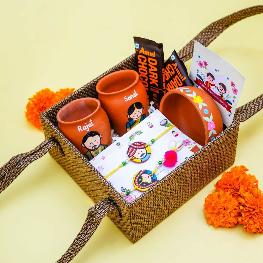 Personalized Terracotta Rakhi Hamper With Caricature 5 - Gift Basket with Decorative Items