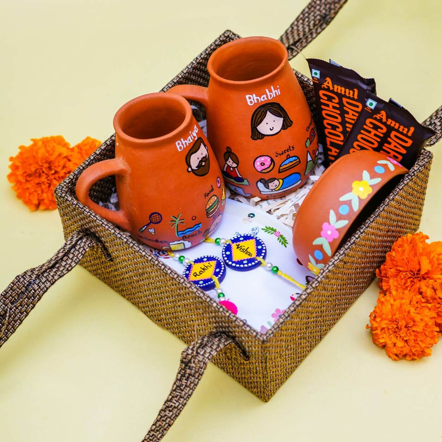 Persoanlized Terracotta Hobby Theme Rakhi Hamper For Siblings - Gift Basket Top View