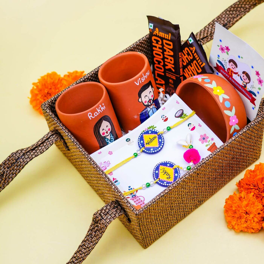 Personalized Terracotta Rakhi Hamper With Caricature 6 - Gift Basket Overview