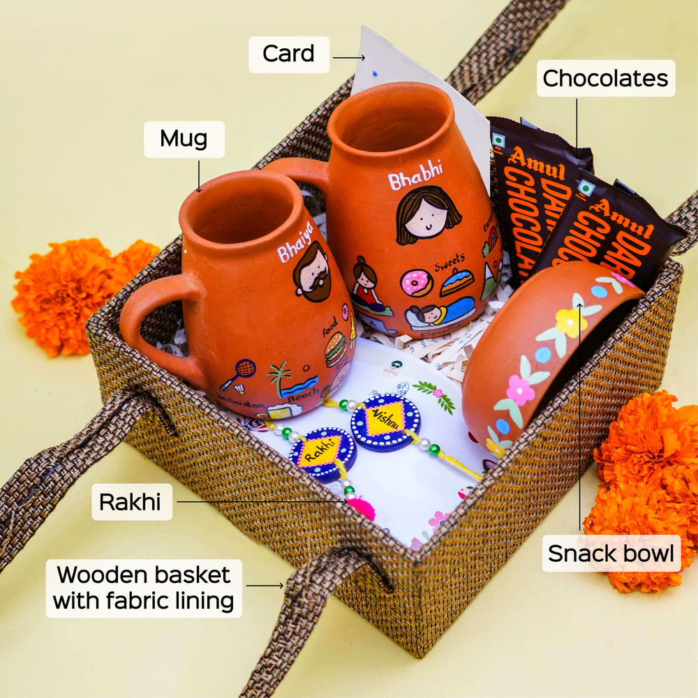 Persoanlized Terracotta Hobby Theme Rakhi Hamper For Siblings - Labeled Product Components in Basket