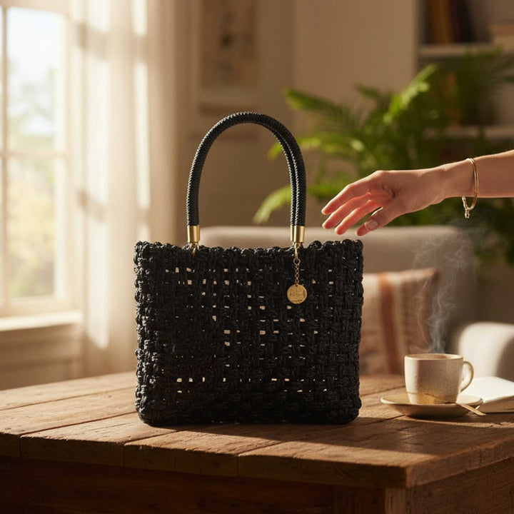 Handmade Grass Woven Vegan Wrapped Rope Handles With Metal Accents Black Sabai Mesh Handbag