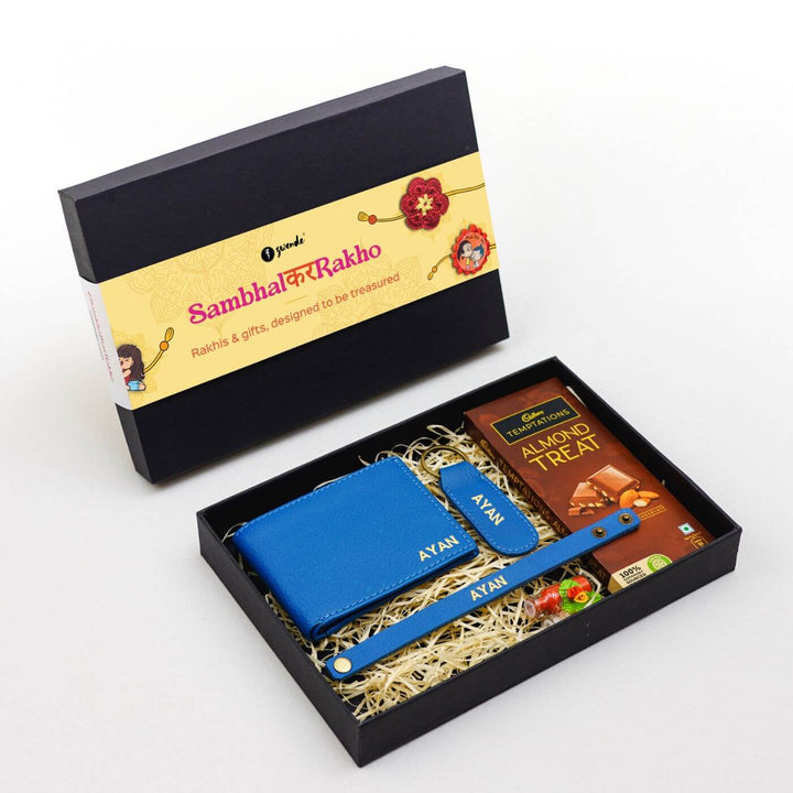Personalised Rakhi Hamper With Genuine Leather Accessories - Gift Box Blue Edition