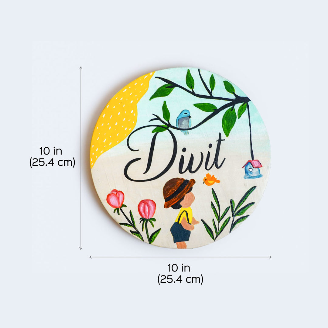 Handpainted Round Wooden Kids Name Plate - Dimension Chart with Front View