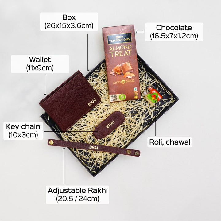Personalised Rakhi Hamper With Genuine Leather Accessories - Size and Component Labels