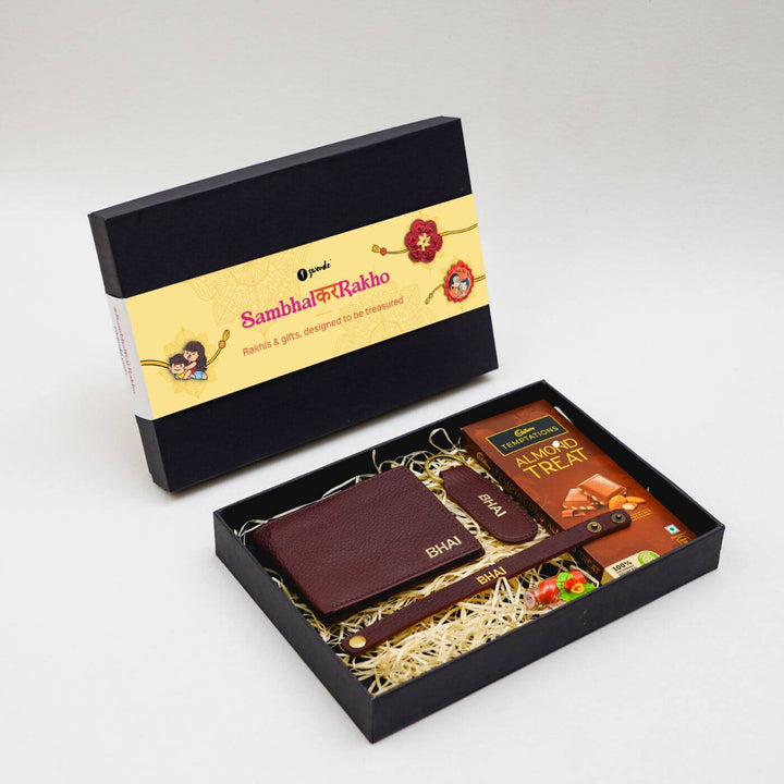 Personalised Rakhi Hamper With Genuine Leather Accessories - Gift Box Opened with Contents