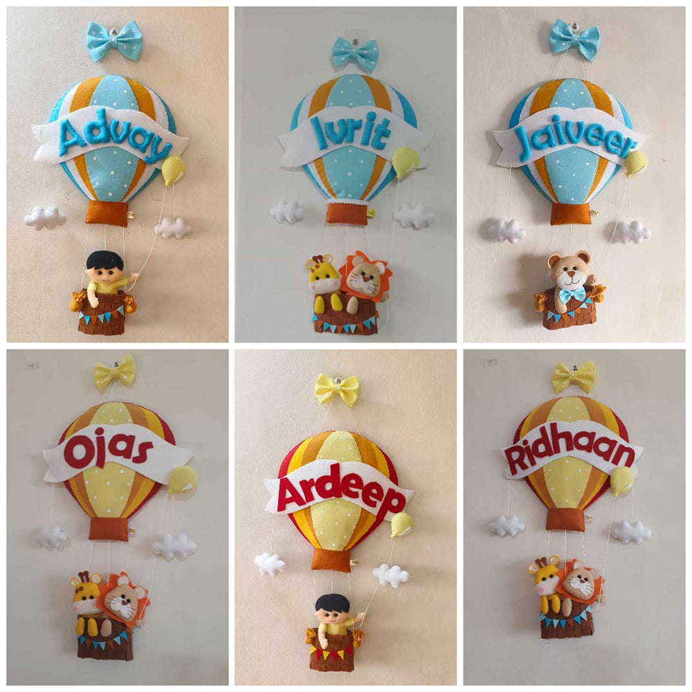 Hand Stitched Hot Air Balloon Shaped Hanging - Name Personalization Example Multiple Views