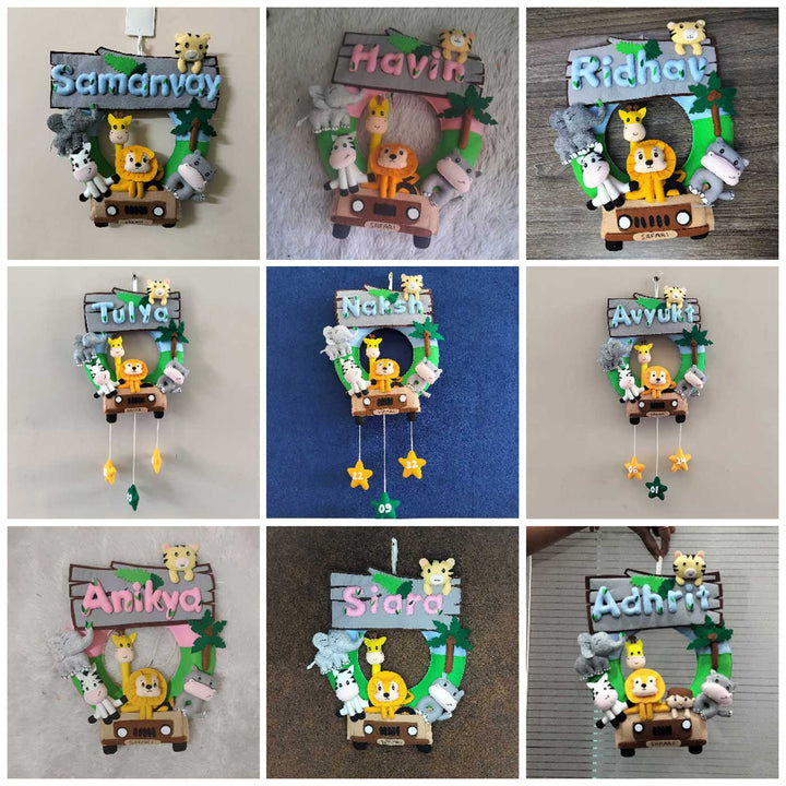 Personalized Jungle Safari Themed Round Felt Kids Nameplate Pink - Personalized Name Display Front View