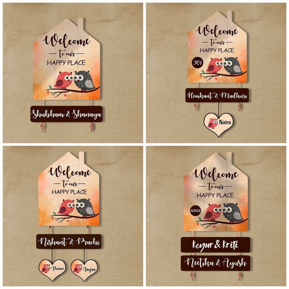 Printed Wooden House Shaped Owl Nameplate For Family With 1 Child - Personalization Examples with Keychains