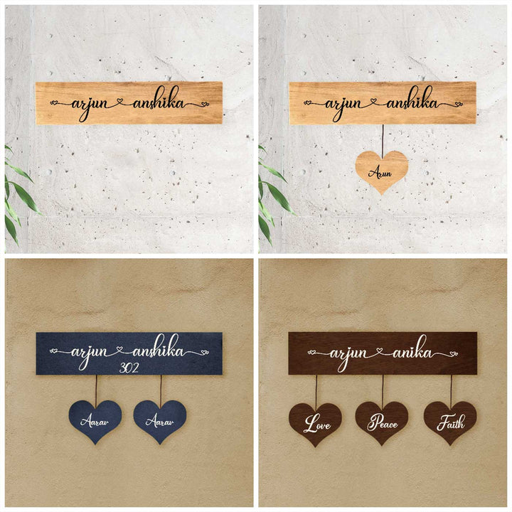 Minimalist 3D Nameplate For Couples With House Number Copy - Wall Mounted with Hanging Hearts Display