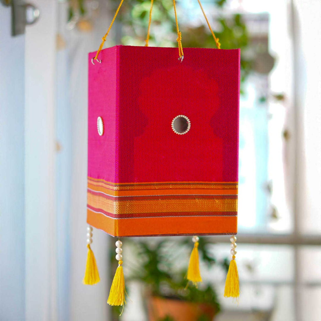 Handcrafted Traditional Foldable Pink Fabric Khun Akashkandil / Lantern With Drop Tassel For Festive Decor