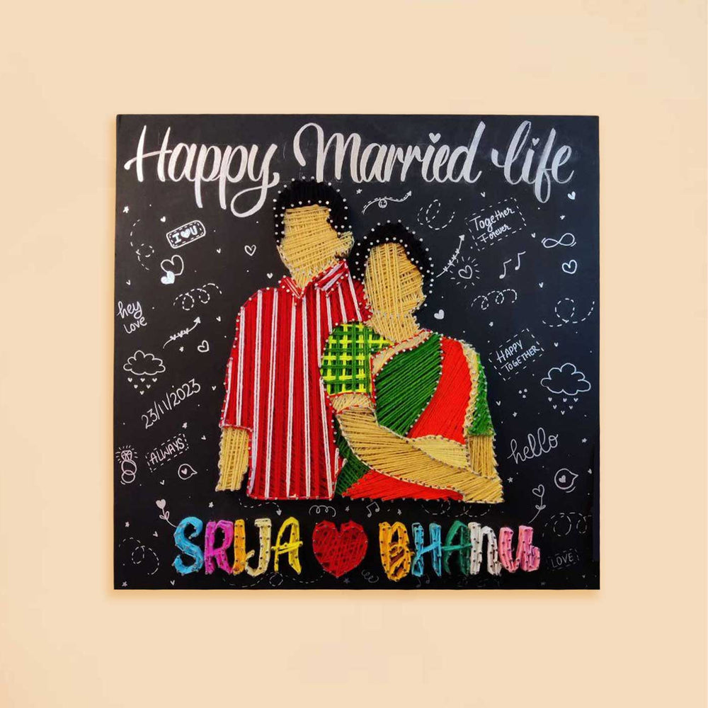 Photo Personalized String Art Couples Mdf Wood Name Plate - Front View Showing Personalized Design
