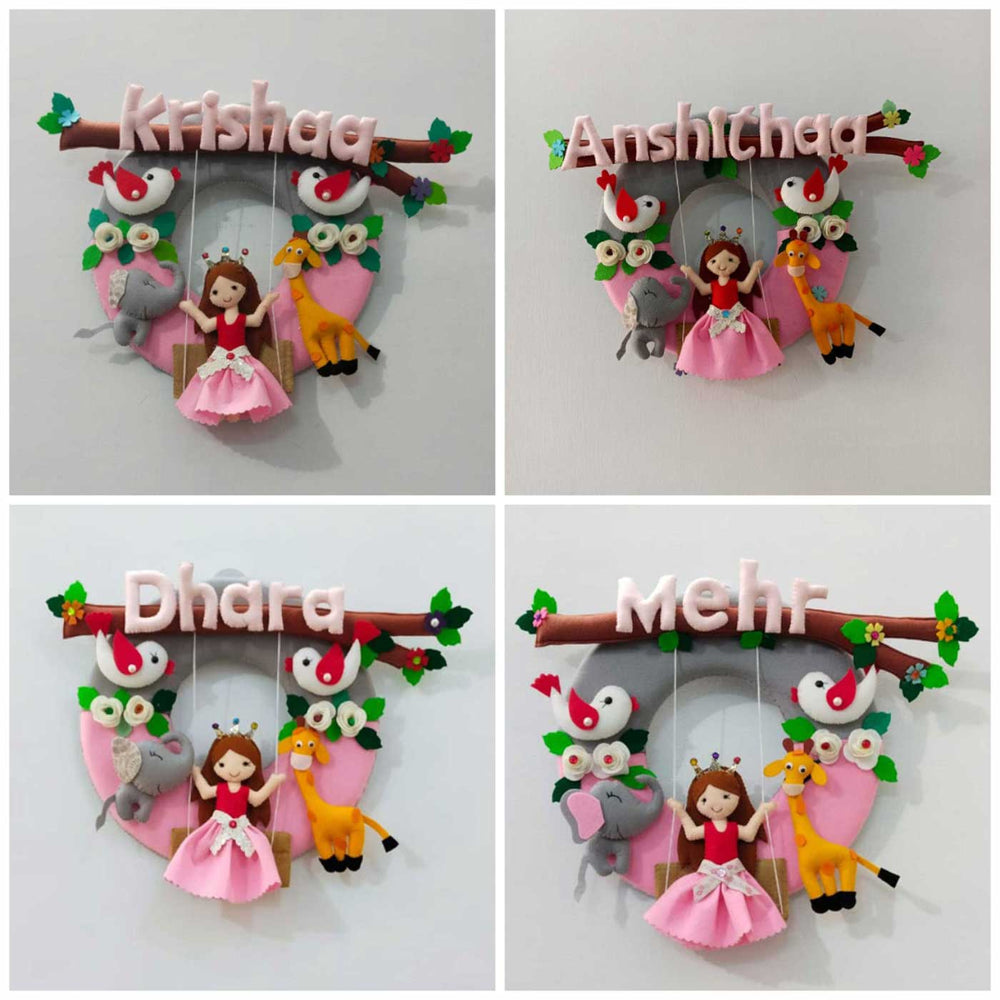 Handcrafted Personalized Animal With Swing Felt Nameplate For Girls - Name Personalization Examples Front View