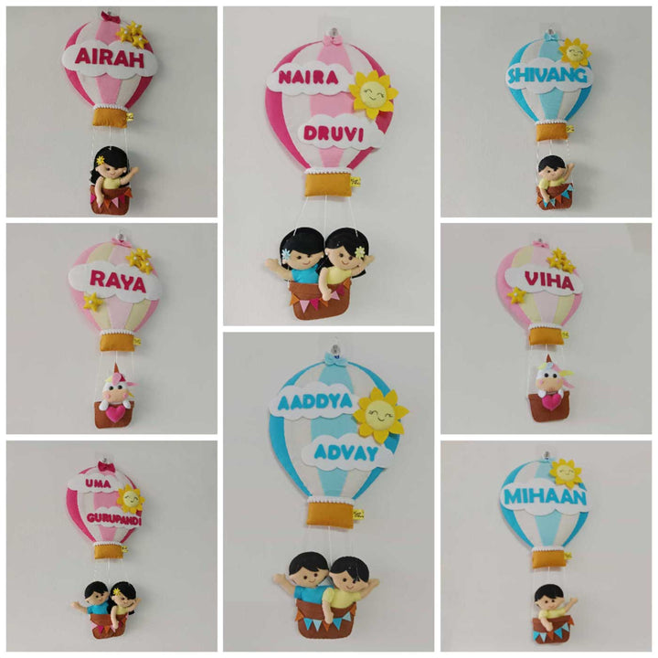 Hand Stitched Unicorn Hot Air Balloon Shaped Kids Name Hanging - Front View Hanging on Wall