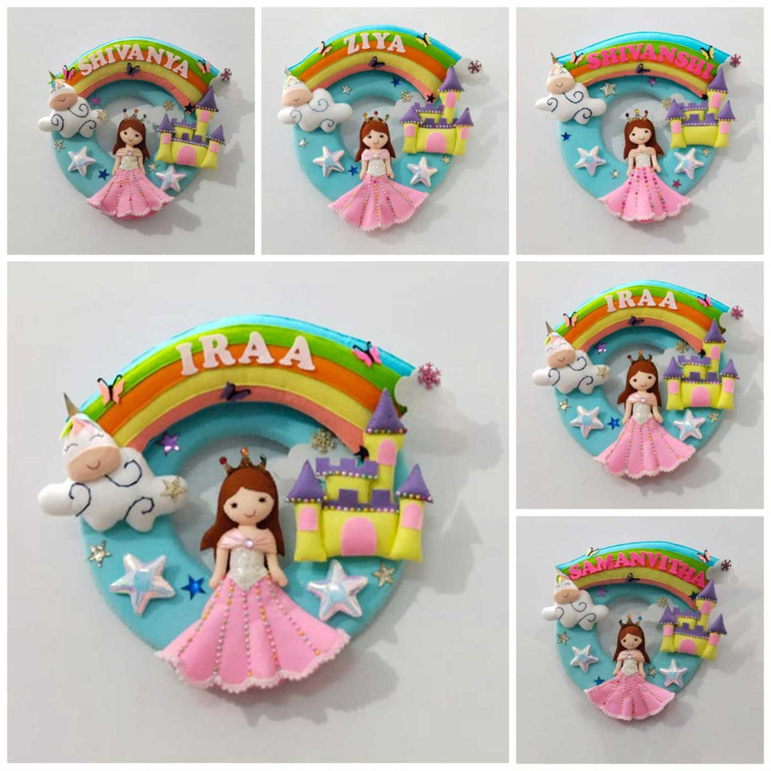 Handcrafted Personalized Unicorn With Swing Felt Nameplate For Girls - Name Personalization Examples Front View