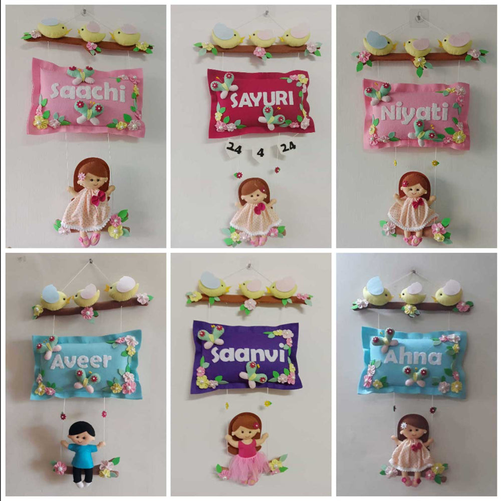Hand Stitched Bird With Doll Themed Felt Kids Name Plate - Multiple Personalized Wall Hangings Displayed