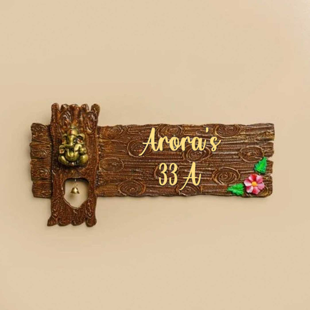 Personalized Ganesha Theme Mdf Wood Name Plate - Front View Showing Name Personalization