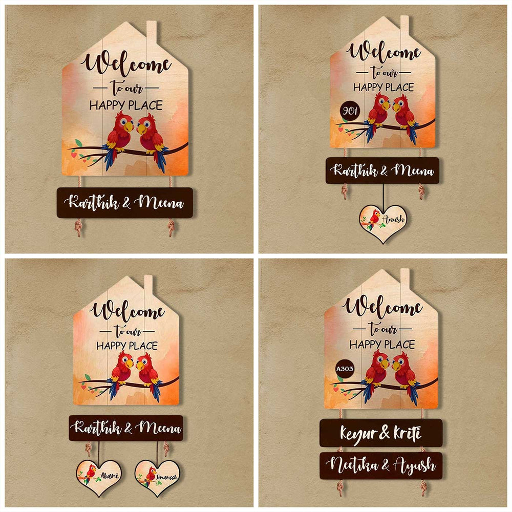 Printed Wooden House Shaped Parrot Nameplate For Couples - Various Personalization and Hanging Options